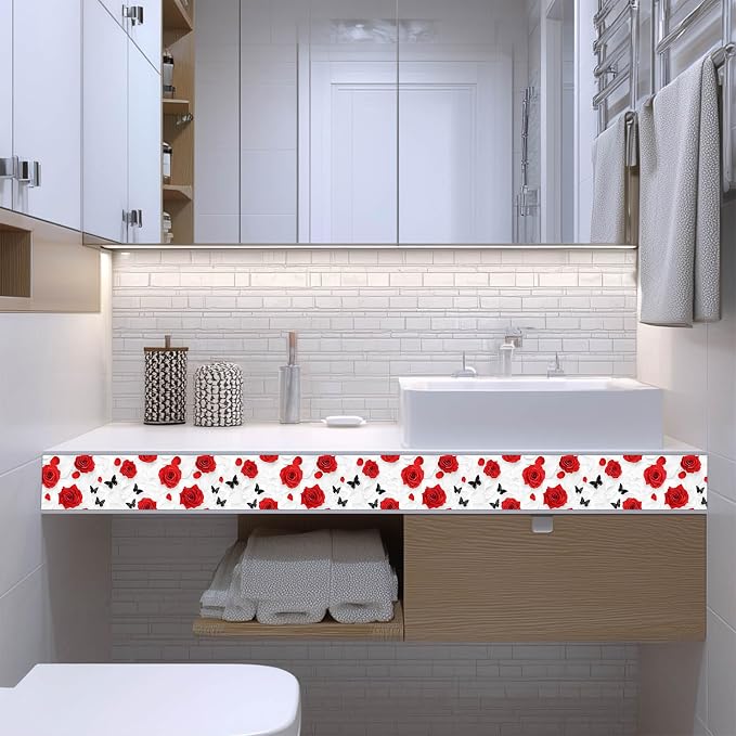 IVN Red Rose Black Butterfly Peel and Stick Wallpaper Border 4 x 196 Inch Self - Image 4