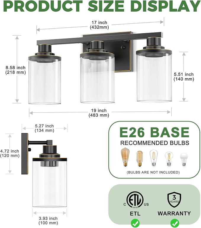 DORESshop 20 Inch Bathroom Light Fixtures, 3-Light Black - Image 5