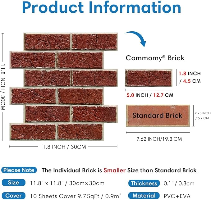 COMSTICKC 3D Faux Red Brick Wall Panels Peel and Stick Wall Sticker, Small Size - Image 4