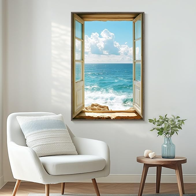Framed Window Beach Scene Wall Art, Summer Seascape Wave Artworks - Image 5