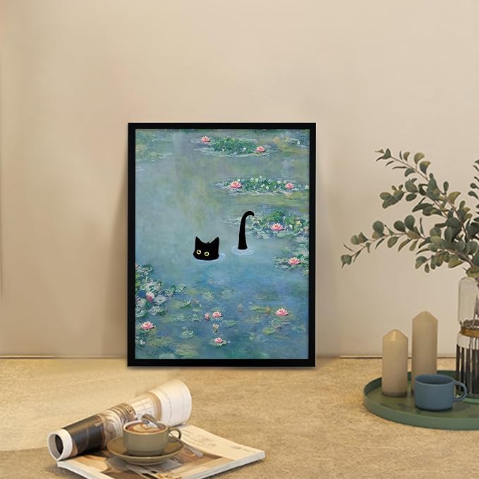 Fantasy Artists Monet Water Lilies Cat Wall Art, Framed Vintage Canvas Art Wall - Image 3