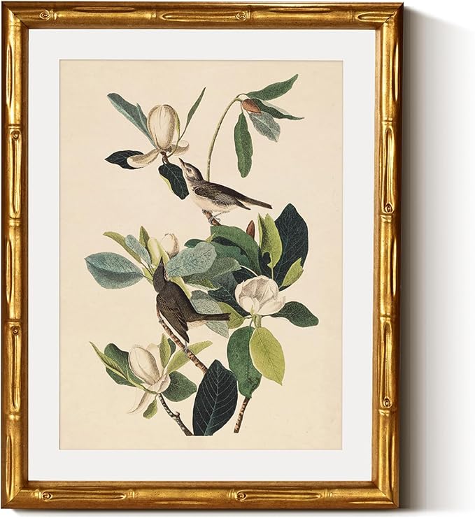 InSimSea Gold Bamboo Framed Canvas Wall Art, Neutral Bird Botanical Paintings by InSimSeaArt