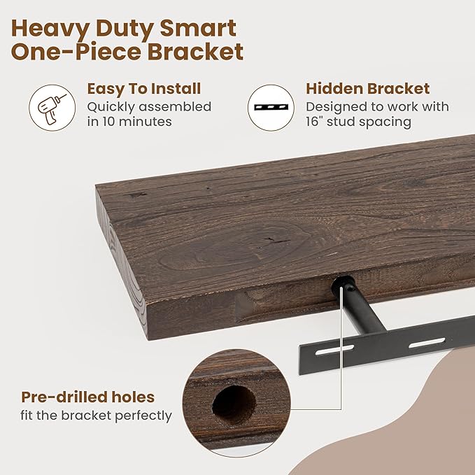 Floating Shelves for Wall Decor, 8 Inch Deep Rustic Solid Elm Wood Floating - Image 6