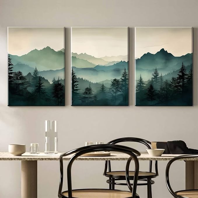 Mountain Wall Art Decor Set of 3 Sage Green Forest Canvas Wall Art Prints - Image 3