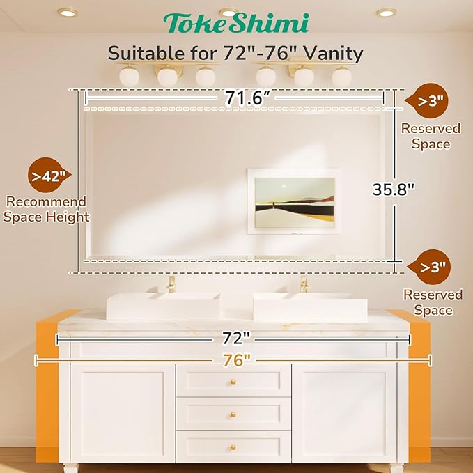 TokeShimi 72x36 Bathroom Mirror Frameless, Tempered 1" Beveled Edge Bathroom - Image 2