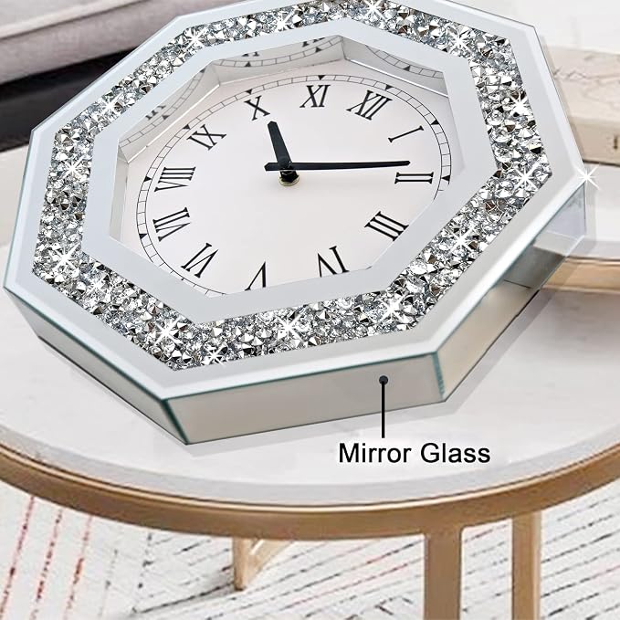 Wall Clock, Octagon Mirror Glass Clock, Cute Diamond 12-inch Non-Ticking Clock - Image 2