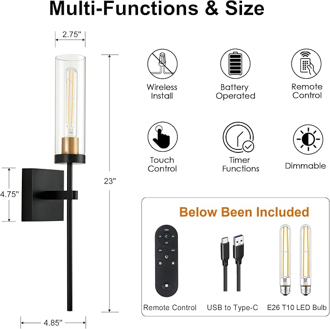 SANTOSTOCK Battery Operated Wall Sconce Set of 2, Rechargeable Wall Lights - Image 2