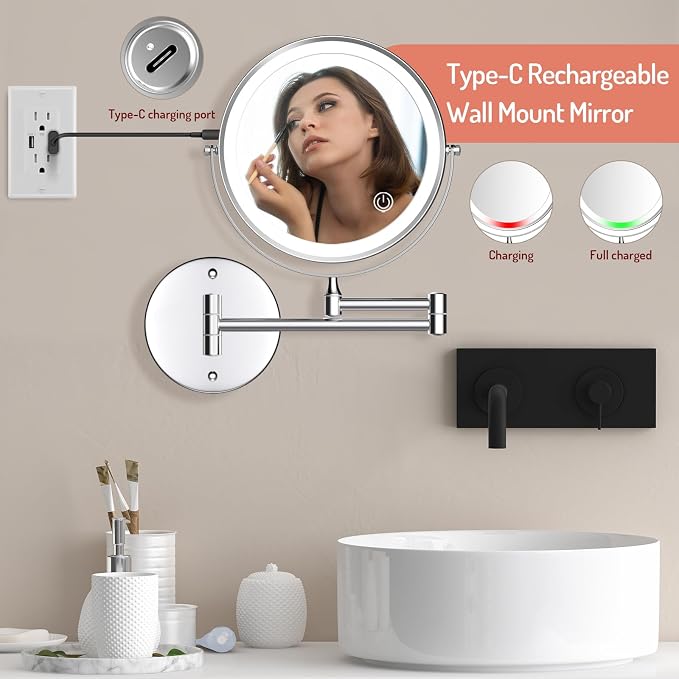 Rocollos Rechargeable Wall Mounted Lighted Makeup Mirror, 8 Inch Double-Sided - Image 2