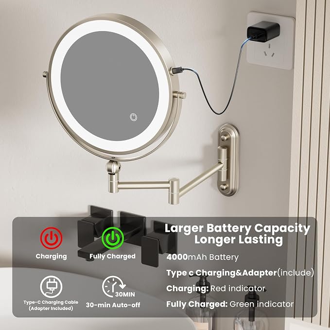 9" Wall Mounted LED Lighted Makeup Vanity Mirror - 4000mAh Rechargeable Double - Image 3