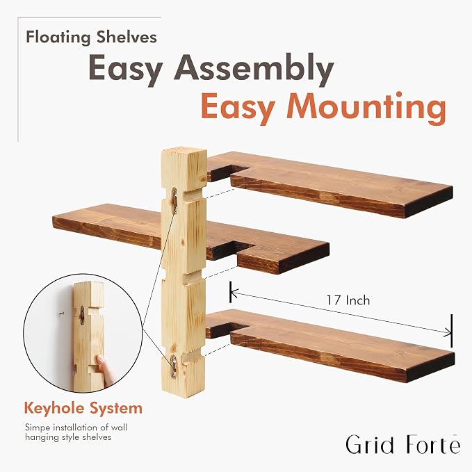 GRID FORTE Wood 3 Tier Floating Shelf, Large Minimalist Wall Shelves, Mid - Image 6