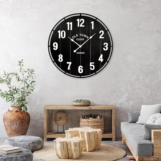 EMAX HOME Large Old Town Farmhouse Black Wall Clock 30 Inch Rustic Antique Wood - Image 6