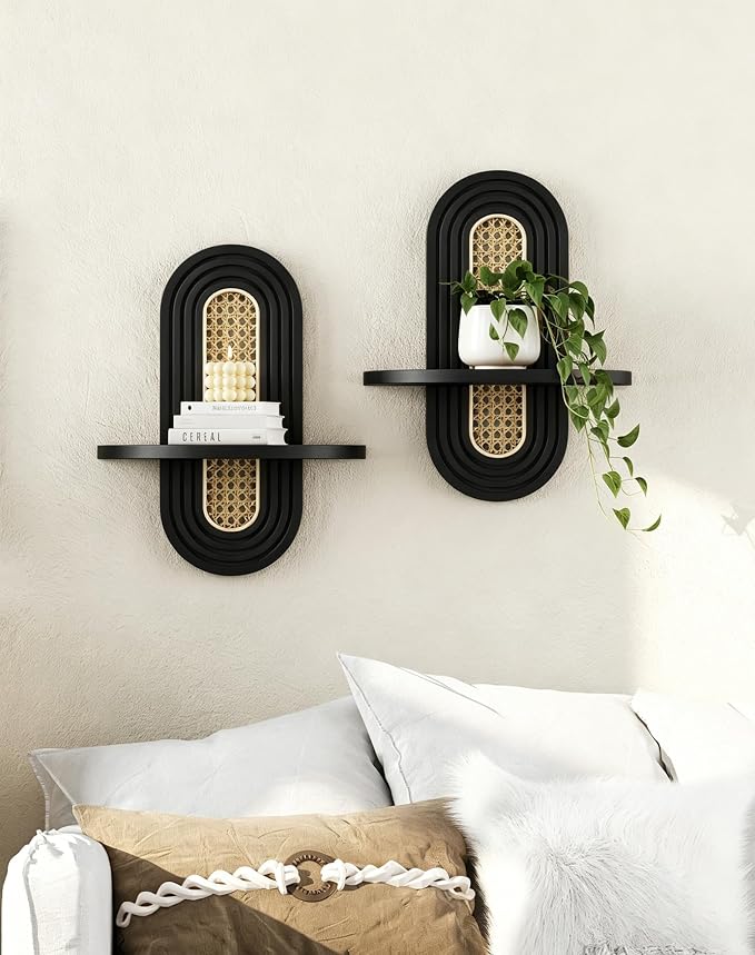 Floating Shelves for Wall, Boho Home Wall Decor, Rattan Plant Shelf Set of 2 - Image 8