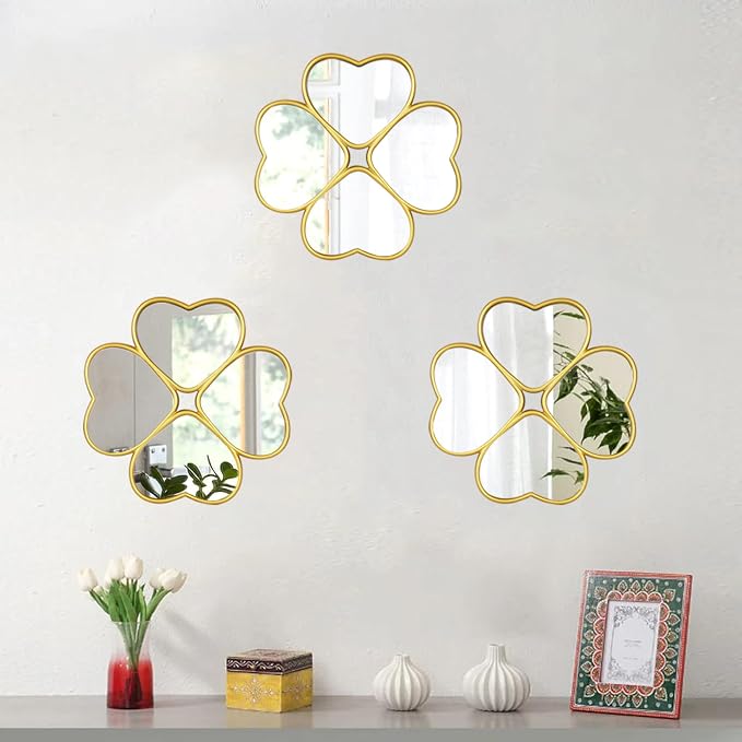 Small Decoritive Heart Wall Mirrors Set of 3, Decorative Four-Leaf Clover Mirror - Image 2