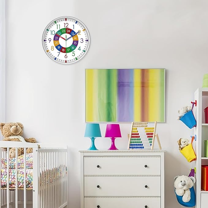 XFM Kids Wall Clock for Children's Bedroom 10 Inch Round Multi-Colored Learning - Image 3
