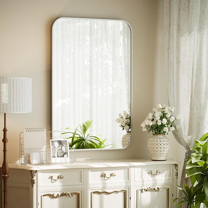 BEAUTYPEAK Silver Wall Mounted Bathroom Mirror, Aluminum Alloy Frame Bathroom by BEAUTYPEAK