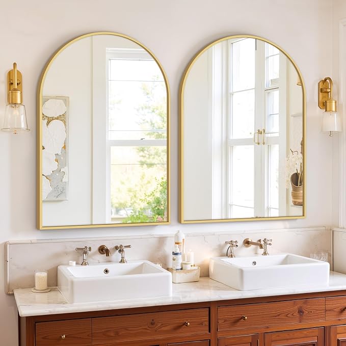 Bathroom Mirror for Wall, 30x20 Inch Arched Mirror, Matte Gold Metal Framed - Image 6