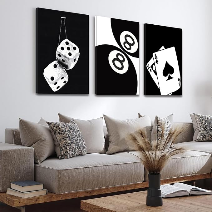 BOKPEN 3Pcs Black and White Poker Dice Canvas Wall Art Lucky You Poster Prints - Image 2