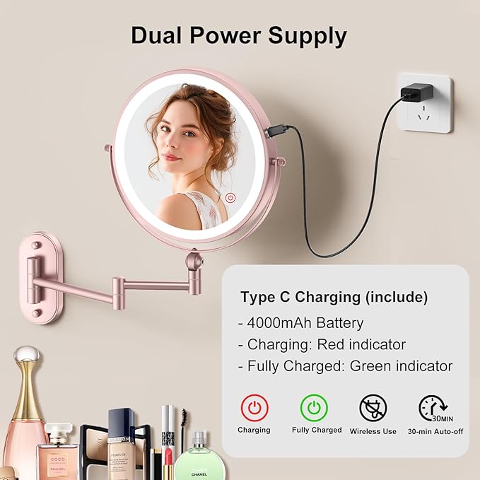 9" Wall Mounted Lighted Makeup Mirror, 4000mAh Rechargeable Double Sided 1X/10X - Image 5