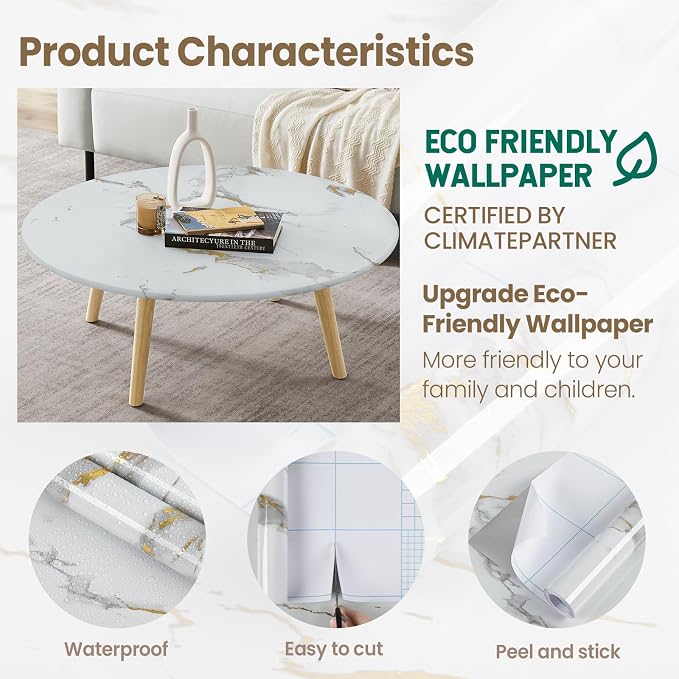 practicalWs Glossy Marble Wallpaper Peel and Stick White/Gold Granite Contact - Image 3