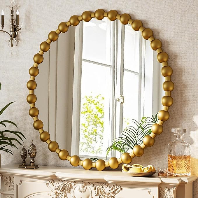 Easly Round Mirror for Wall, 28 Inch Gold Beaded Frame Decorative Vanity Mirror - Image 3