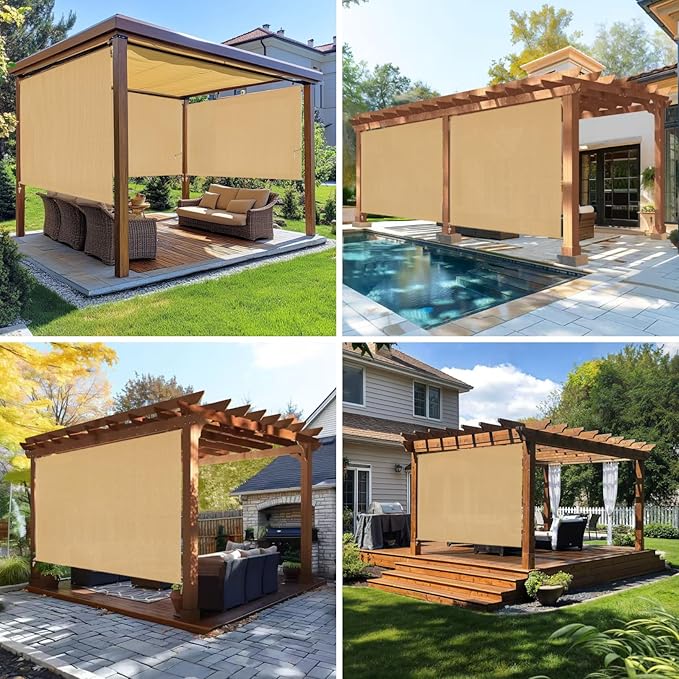 Custom Size Sesame Patio Shades Roll up Outdoor Roller Shade Crank Wand Blind - Image 5