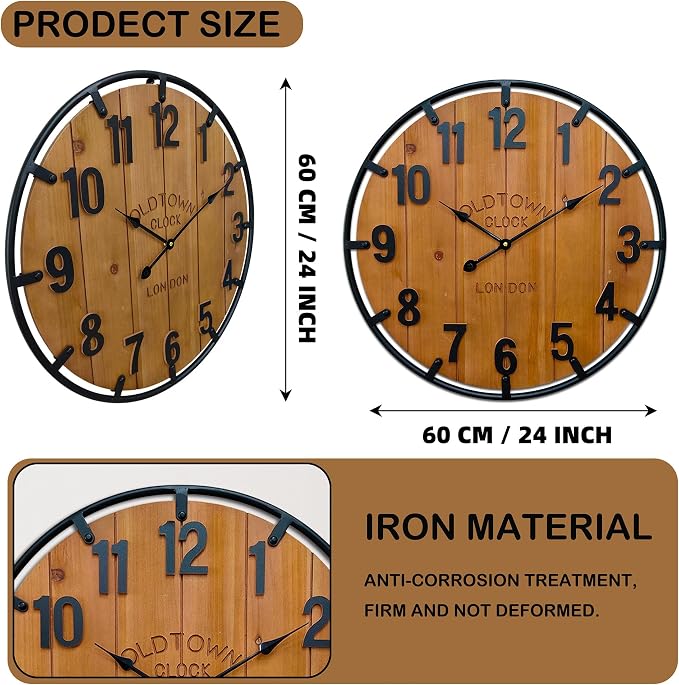 Large Farmhouse Rustic Wooden Wall Clock - Image 4