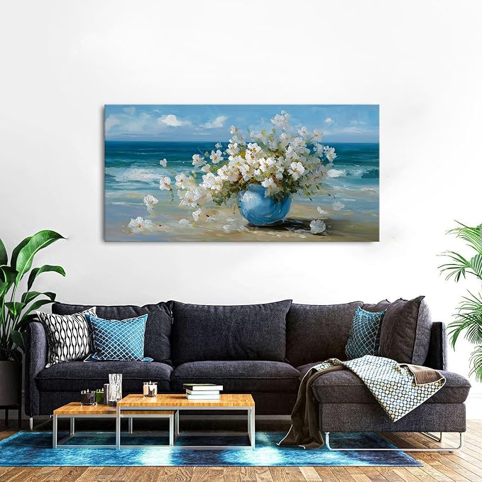 Vintage Flowers Canvas Wall Art White Blossom Painting Retro Flowers in Blue - Image 5