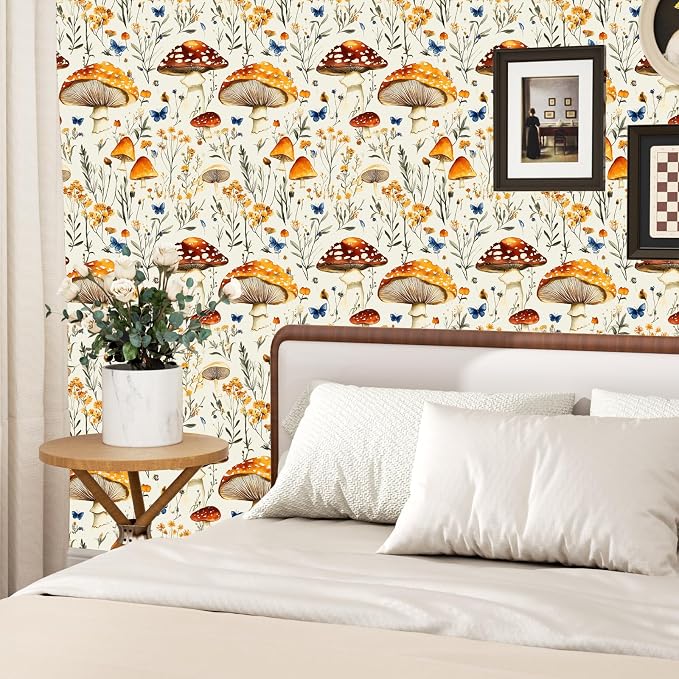BOKEBEVE Mushroom Peel and Stick Wallpaper Beige Colorful Floral Contact Paper - Image 4