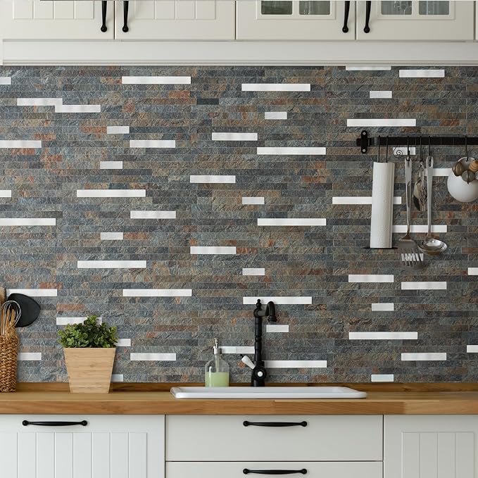 AULIGET 20 Sheets Rust Slate Peel and Stick Backsplash, PVC Mixed Metal Silver - Image 2