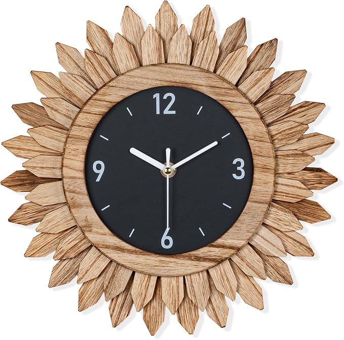 Honiway Wall Clock Battery Operated 12 in Rustic Wood Boho Sunburst Decorative by Honiway