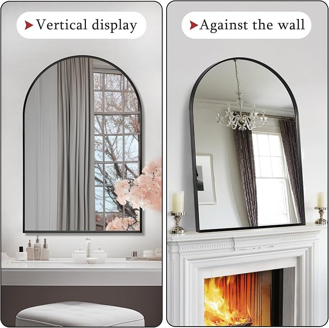 28" x 36" Black Arched Mirror, Large Arch Bathroom Wall Mirror, Metal Frame - Image 2