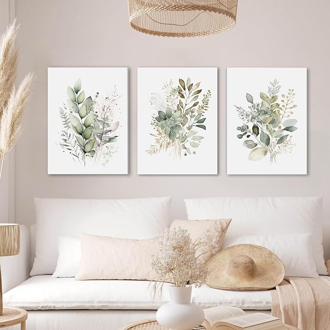 WRFON UnFramed Sage Green Botanical Wall Art Set of 3, Watercolor Eucalyptus & - Image 2