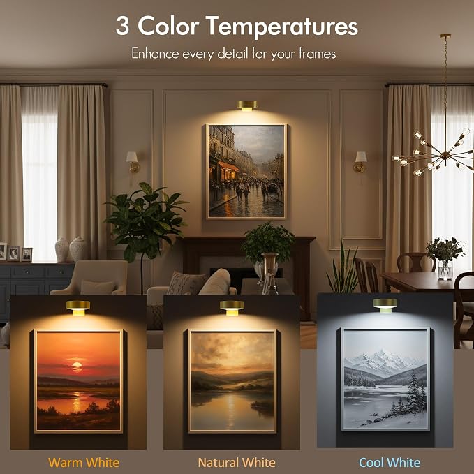 3-Pack Picture Lights for Wall, Rechargeable Battery Operated Led Painting Light - Image 2
