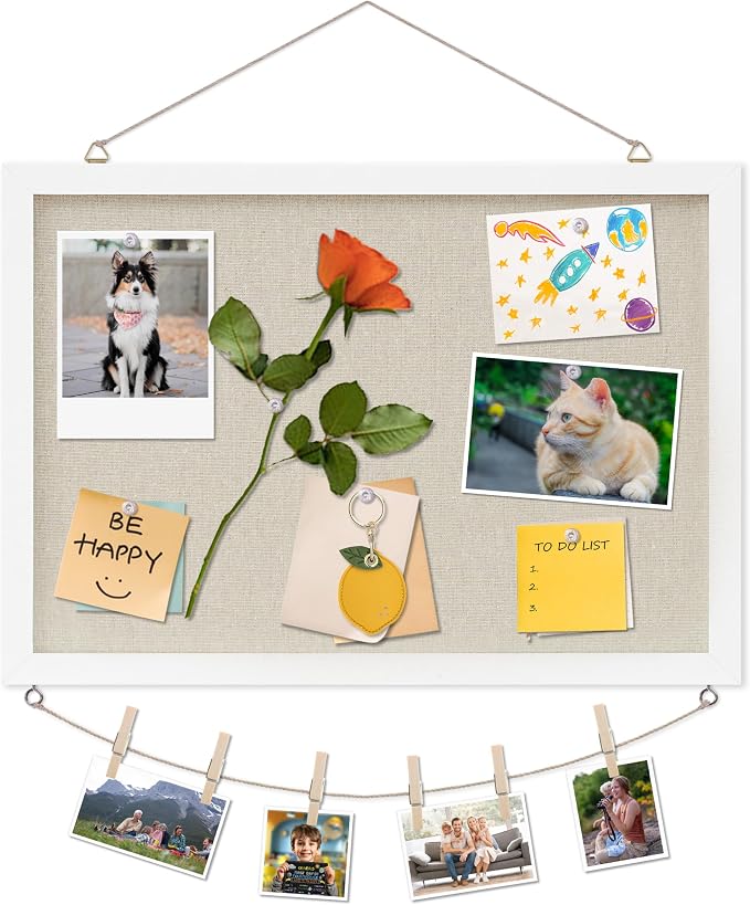 DAHAPYBOO Cork Board with Linen White, Bulletin Board 17"x12" Hanging Corkboards by DAHAPYBOO