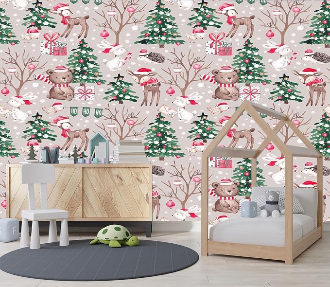 XMPMBM-Christmas Day Cartoon Pine Forest Nursery Room Fabric Wallpaper Kids - Image 3
