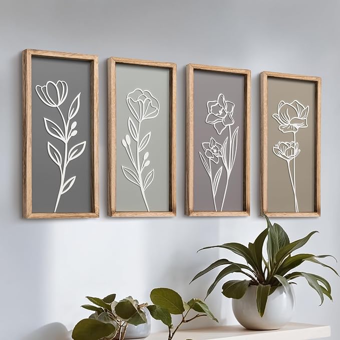 3D Wooden Floral Bathroom Wall Decor Lightweight, Ready-to-Hang Framed Wall Art by TideandTales