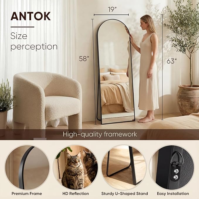 Antok 58" x19” Arched Full Length Floor Mirror, Free Standing/Wall Mount/Leaning - Image 3