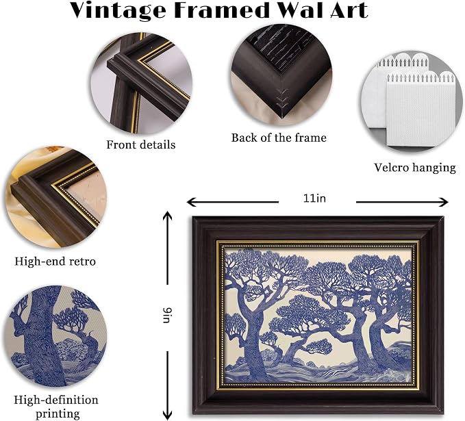 Vintage Gold Framed Wall Art Oak Tree Forest Painting Canvas Prints Blue - Image 4