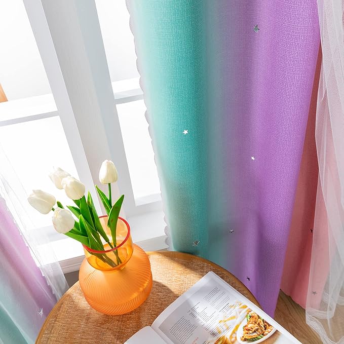 XiDi Curtains for Bedroom Decor, Rainbow PinkPuGreen-62-84 - Image 4