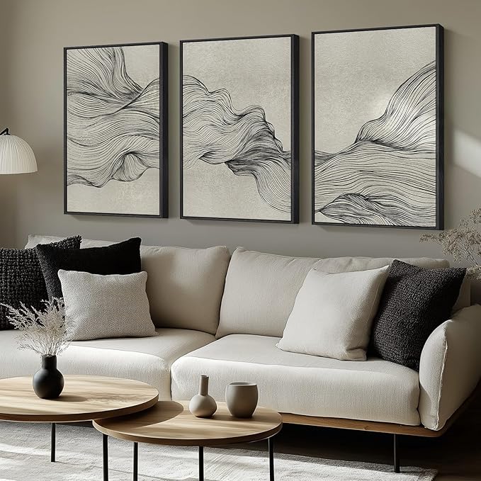 Large Framed Neutral Modern Abstract Wall Art, 3 Piece Black and Beige Canvas - Image 2