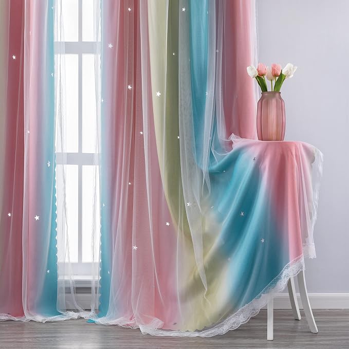 XiDi Curtains for Bedroom Decor, Rainbow Pink-Blue-52-90 - Image 5