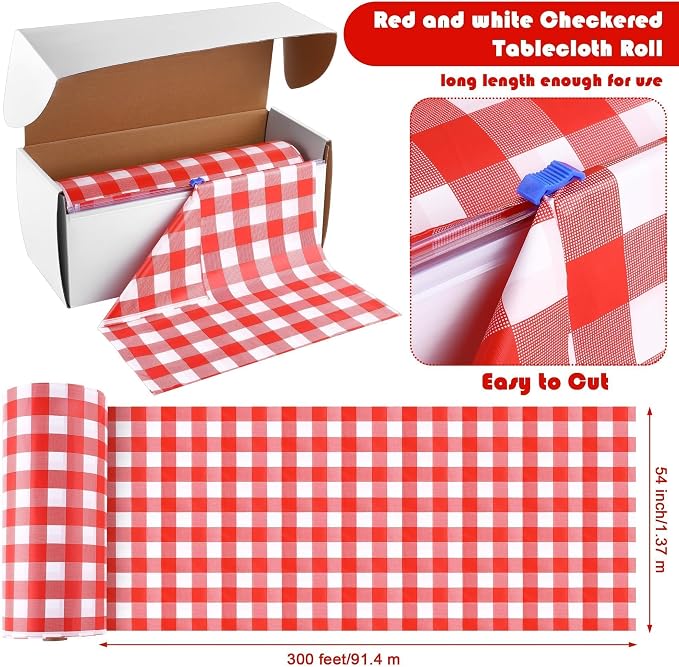 Kochorie 54 Inch x 300 Ft Red Checkered Plastic Table Cloth Roll Disposable - Image 2