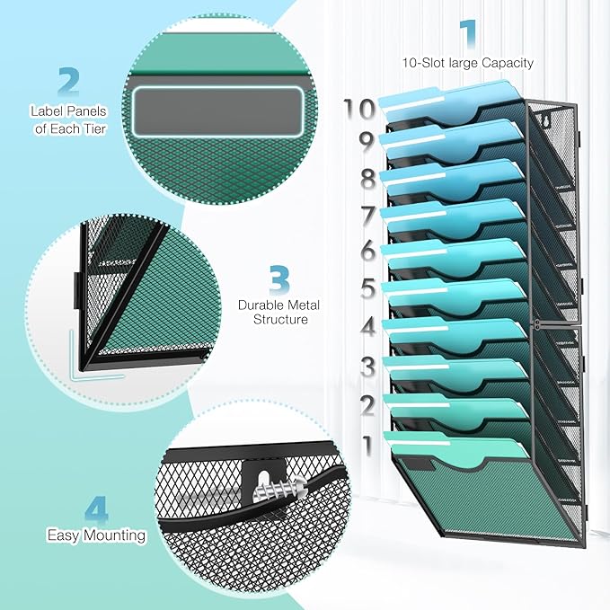 Gawerk 10-Tier Wall File Organizer Hanging Wall File Holder Wall Mount Paper - Image 3