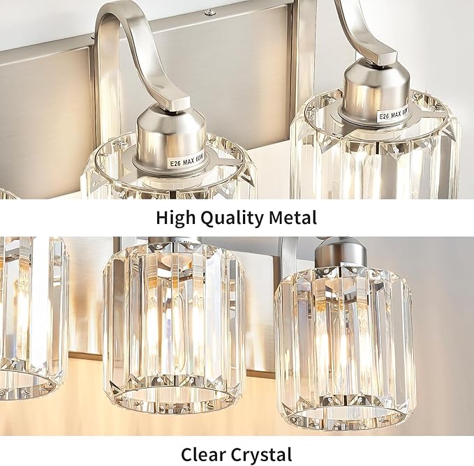 Modern Vanity Light 3-Lights Brushed Nickel Vanity Light Crystal Bathroom Wall - Image 5