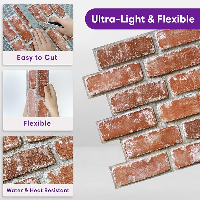 3D Peel and Stick Faux Brick Wall Panels 11.8" x 11.8" 10-Pack, Small - Image 6