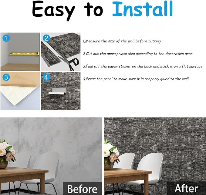 3D Wall Panels Peel and Stick in Black Grey, Faux Brick Wall Panels - Image 3