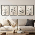 Framed Vintage Botanical Wall Art, 4 Piece Neutral Rustic Boho Floral Canvas by Cuspin