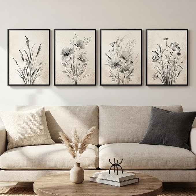 Framed Vintage Botanical Wall Art, 4 Piece Neutral Rustic Boho Floral Canvas by Cuspin