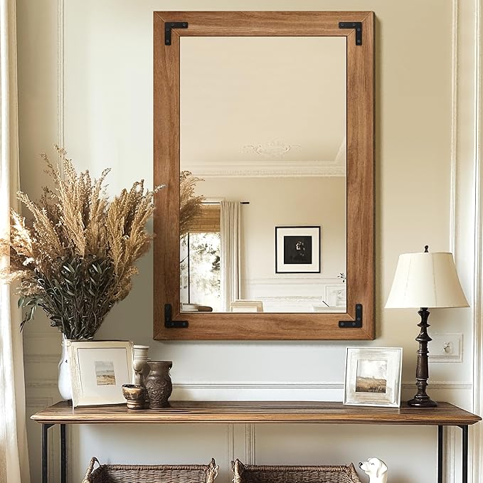 Bathroom Mirror for Wall with Wooden Frame, Vertical or Horizontal Hanging by TRAHOME