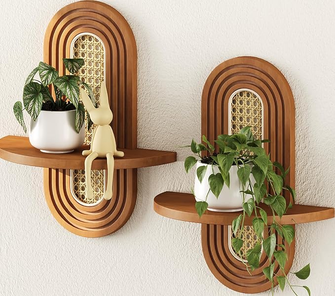 Floating Shelves for Wall, Boho Home Wall Decor, Rattan Plant Shelf Set of 2 by Hongsane